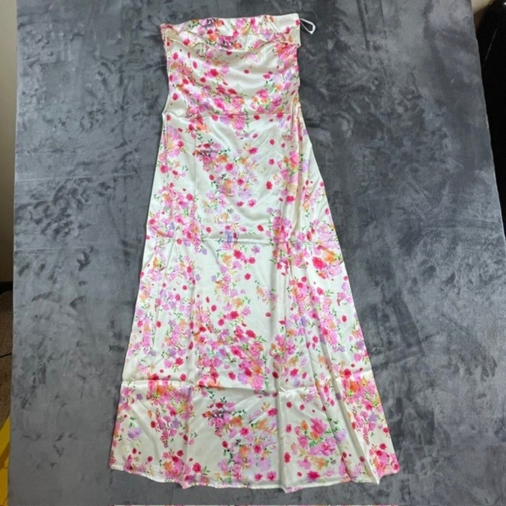 Floral Strapless Satin Maxi Dress Beige Pink Orange Tube Top Long Dress Small